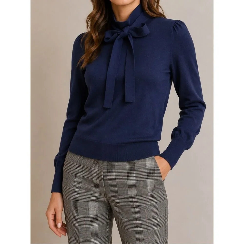 J. Crew Sweater Merino Wool Tie Neck Turtleneck in Navy Blue Women’s Size XXS
